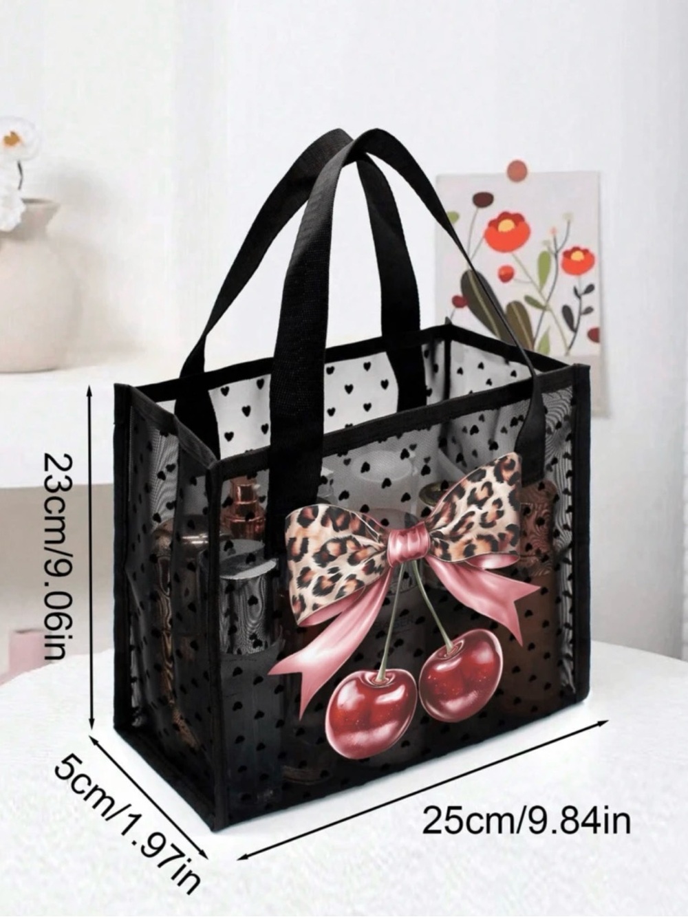 Black Clear Tote Bag Set with Pink Leopard Bow & Cherry Print - Picture 4 of 4
